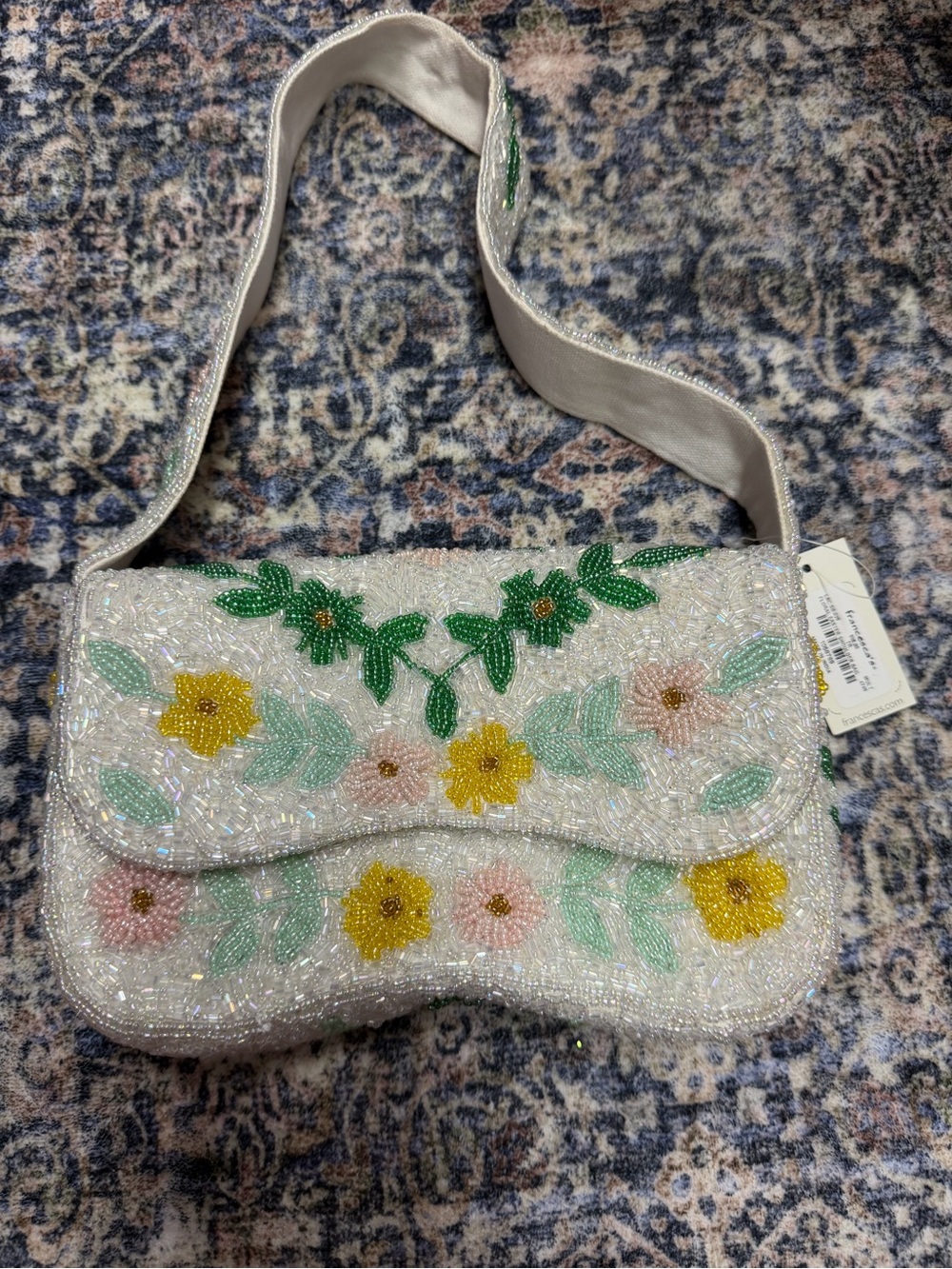 Beaded Floral Crossbody Bag - White with Yellow & Green Embroidery
